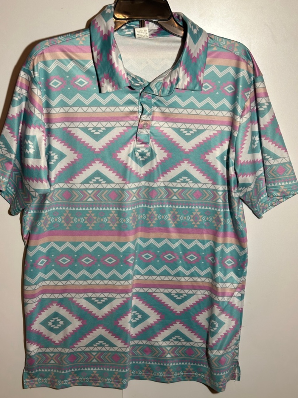 Men's Aztec Print Polo Shirt in Teal & Pink